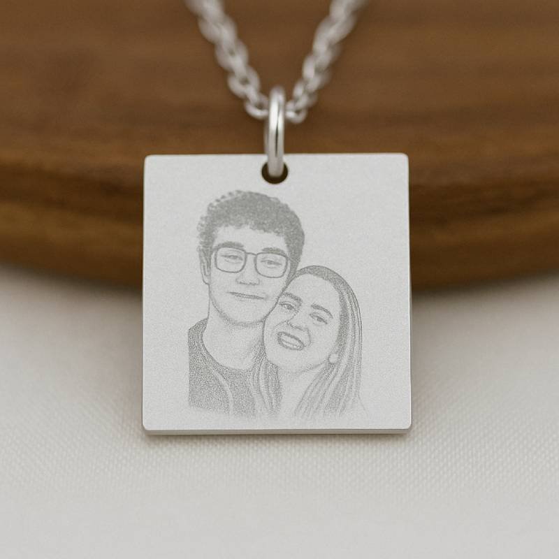 Couple Photo Square Pendant Necklace – Personalised Engraved Steel Jewellery
